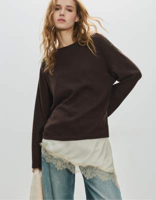 Pull & Bear - T-shirt avec détail en dentelle - Marron-Brown L