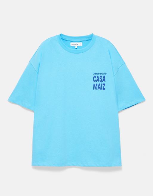 Pull&Bear - T-shirt azzurra con grafica di taco, 6 di 7
