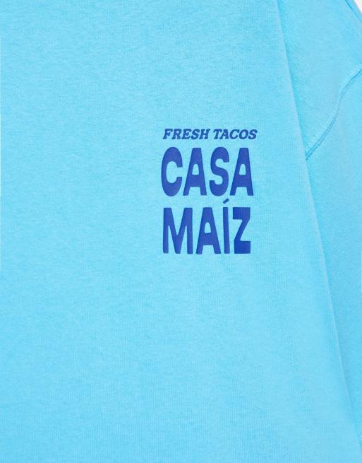 Pull&Bear - T-shirt azzurra con grafica di taco, 7 di 7