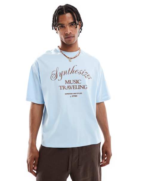 Pull&Bear - T-shirt azzurra con grafica "Synthesizer" sul retro - view 1