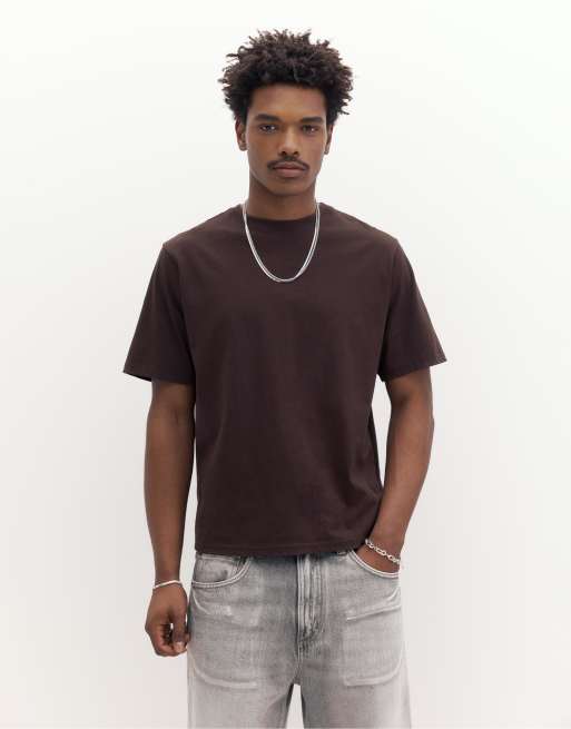 Pull&Bear - T-shirt basic a maniche corte in cotone color cioccolato