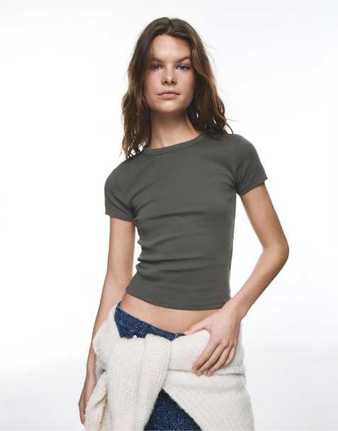 Pull&Bear - T-shirt basic aderente kaki scuro - view 1