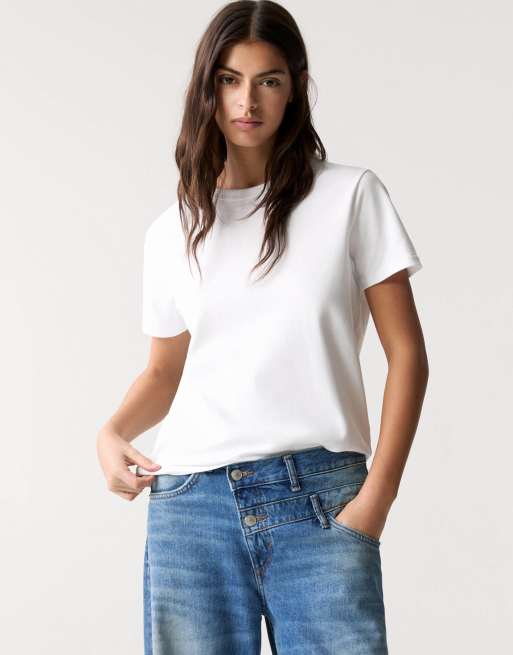 Pull&Bear - T-shirt bianca a maniche corte in cotone regular fit