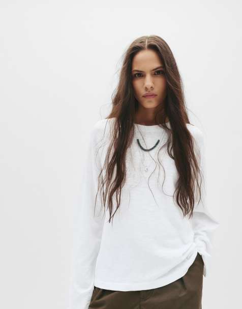 Pull&Bear - T-shirt bianca con maniche raglan lunghe - view 1