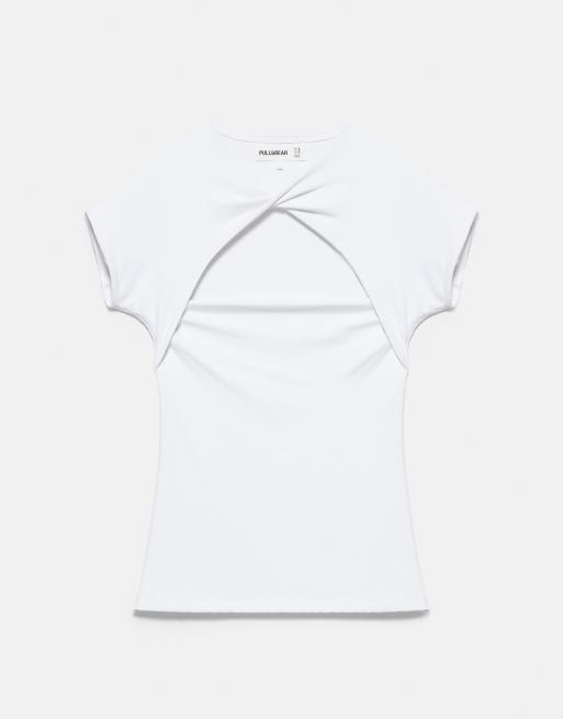 Pull&Bear - T-shirt bianca con scollo annodato, 5 di 7