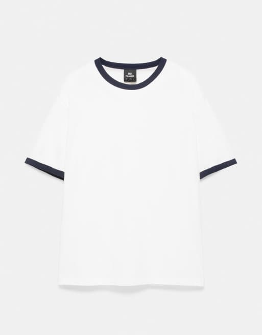 Pull&Bear - T-shirt bianco sporco con cuciture a contrasto, 5 di 7
