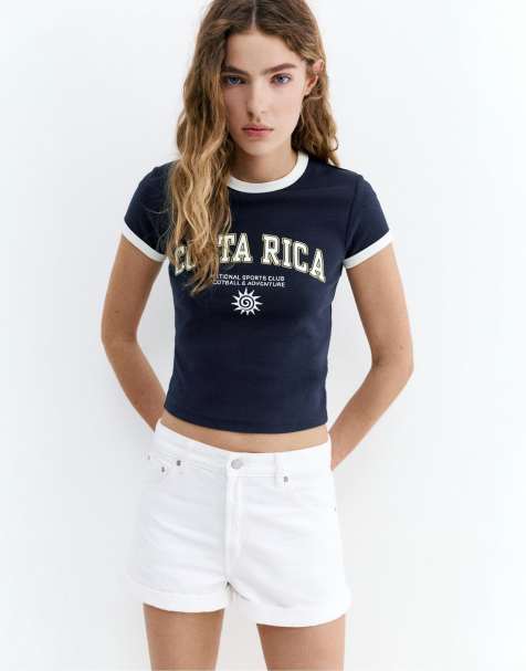 Pull&Bear - T-shirt blu navy a coste con grafica - view 1