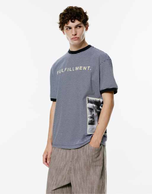 Pull&Bear - T-shirt color bianco sporco a righe con stampa fotografica