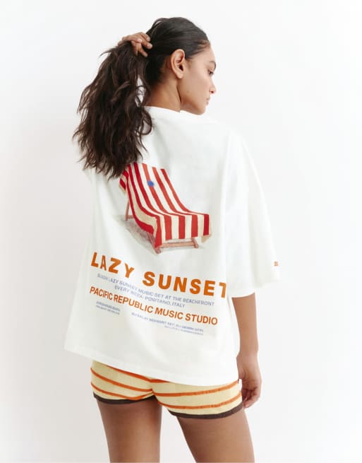 Pull&Bear - T-shirt color ghiaccio con grafica con branda