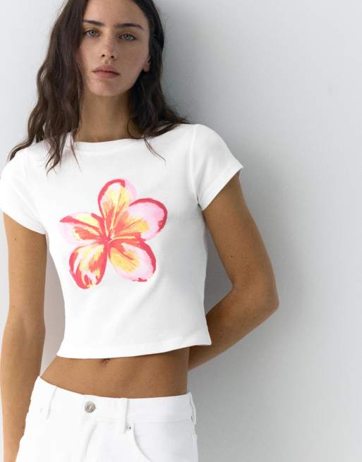 Pull&Bear - T-shirt color ghiaccio con grafica di fiore