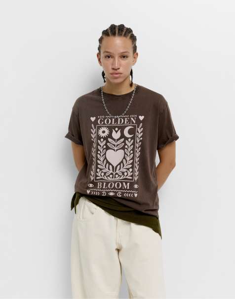 Pull&Bear - T-shirt color marrone cioccolato con grafica Golden Bloom - view 1