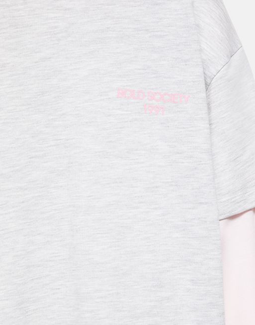Pull&Bear T-shirt con doppia manica e slogan in grigio chiaro, 5 di 6