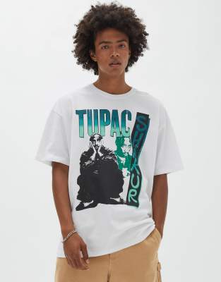 Pull&Bear - T-shirt con stampa di Tupac, colore bianco