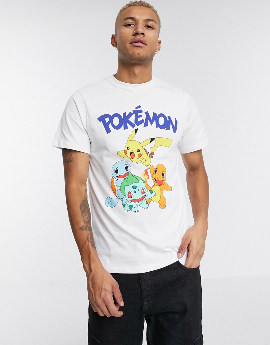 Pull&Bear - T-shirt con stampa Pokemon bianca-Bianco