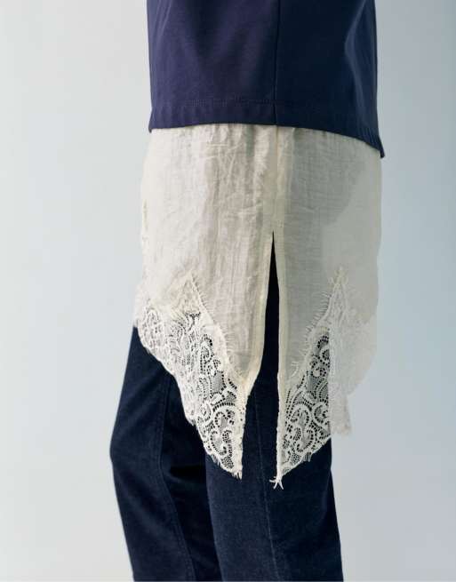 Pull&Bear - T-shirt contrastant avec ourlet en dentelle - Bleu marine, 4 de 4