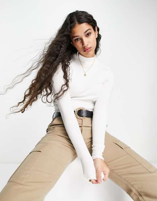 Pull&Bear - T-shirt corta a maniche lunghe bianca