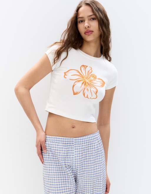 Pull&Bear - T-shirt corta color ghiaccio con ibisco