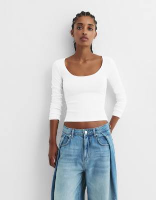 Pull & Bear - T-shirt côtelé à manches longues - Blanc S
