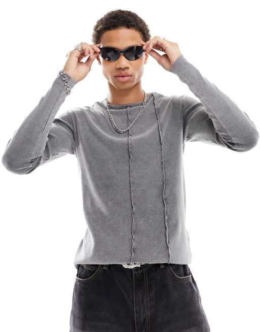 Pull&Bear - T-shirt côtelé à manches longues - Gris délavé