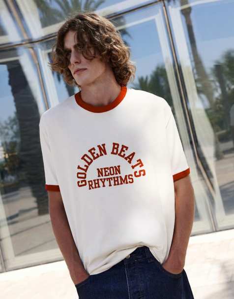 Pull&Bear t-shirt côtelé graphique blanc et rouge - view 1