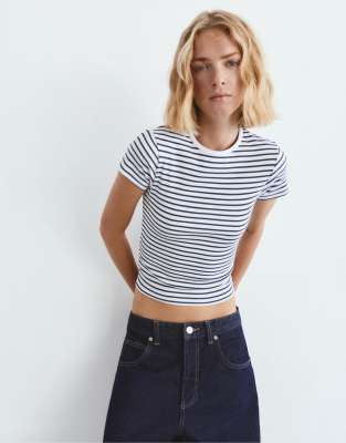 Pull & Bear - T-shirt côtelé rayé à manches courtes-Multicolore XL