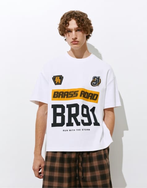 Pull&Bear - T-shirt coupe carrée à imprimé Brass Road - Blanc - view 1