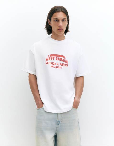 Pull&Bear - T-shirt coupe carrée à imprimé West Garage - Blanc - view 1
