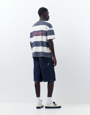 Pull & Bear - T-shirt coupe carrée à rayures - Bleu marine