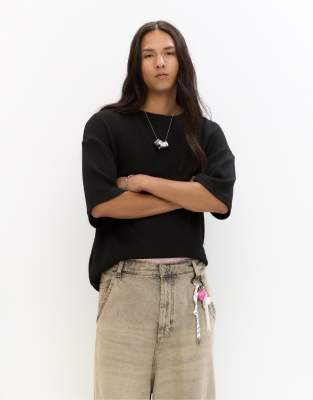 Pull & Bear - T-shirt coupe carrée en maille à manches courtes - Noir