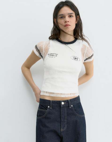 Pull&Bear - T-shirt da calcio bianca in pizzo - view 1