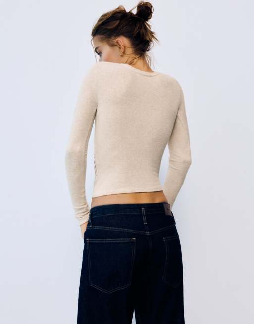 Pull&Bear - T-shirt doux à fronces - Beige, 2 de 5