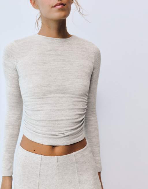 Pull&Bear - T-shirt doux à fronces - Chiné clair, 3 de 6