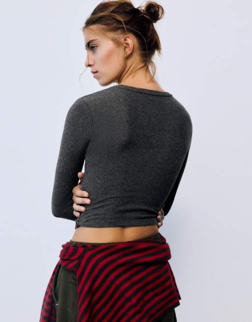 Pull&Bear - T-shirt doux à fronces - Gris foncé, 2 de 6