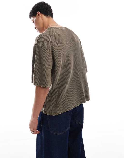Pull&Bear – T-shirt dzianinowy w kolorze khaki z efektem sprania, 4 z 4