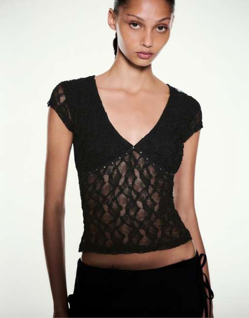 Pull&Bear t-shirt en dentelle à clous noir, 3 de 7