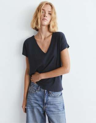 Pull & Bear - T-shirt en lin mélangé à col V - Gris moyen S