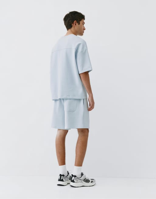 Pull&Bear - T-shirt épais à manches courtes en maille interlock - Bleu ciel, 2 de 6