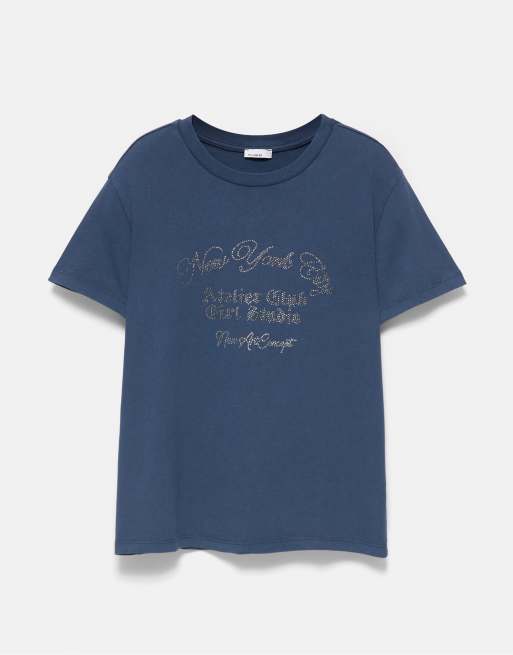Pull&Bear t-shirt graphique à strass bleu marine, 6 de 7