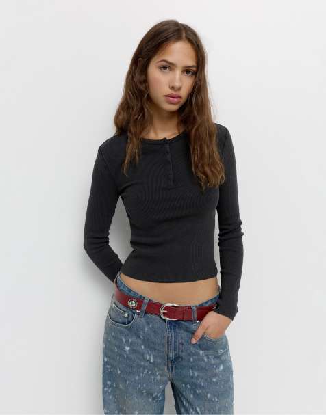Pull&Bear - T-shirt grigia con collo serafino - view 1