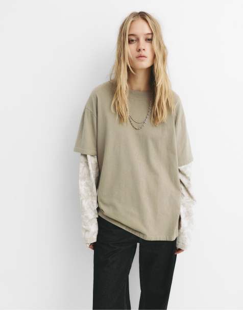 Pull&Bear - T-shirt grigia con maniche doppie - view 1