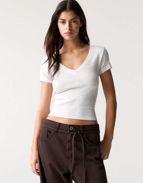 Pull&Bear - T-shirt grigio mélange con scollo a V - view 1