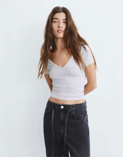 Pull&Bear - T-shirt grigio mélange con scollo a V - view 1