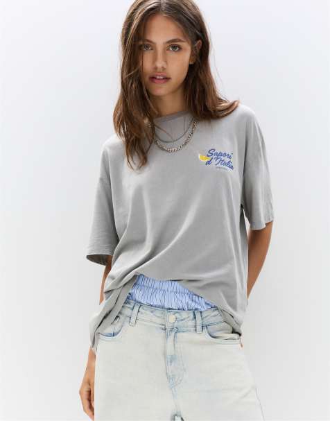 Pull&Bear - T-shirt grigio pallido con stampa di limone - view 1