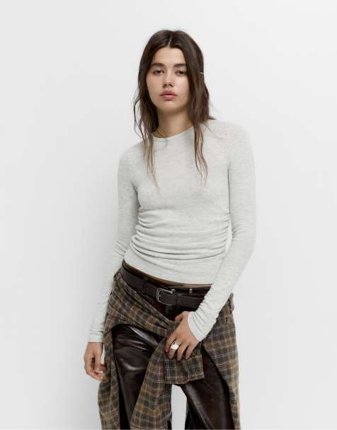 Pull&Bear - T-shirt grigio pallido mélange morbida al tatto con dettagli raccolti - view 1