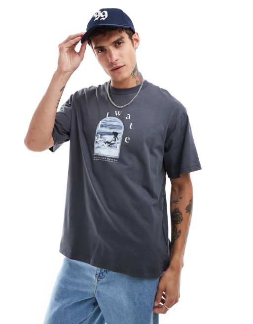 Pull&Bear - T-shirt grigio scuro con stampa “Saltwater”, 2 di 4