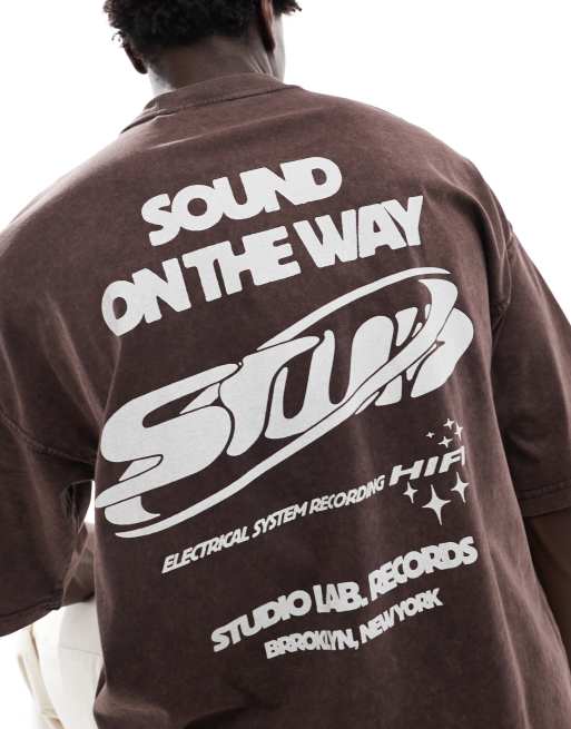 Pull&Bear – T-Shirt in Braun mit „Sound On The Way STWD“-Aufdruck, 4 von 4