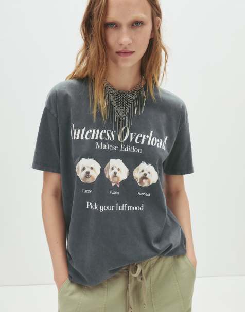 Pull&Bear – T-Shirt in Dunkelgrau mit Hunde-Print - view 1