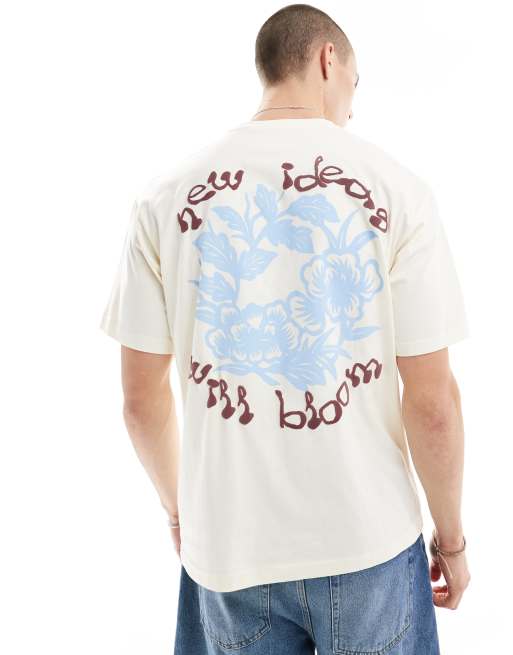 Pull&Bear – T-Shirt in Ecru mit Botanik-Rückenprint