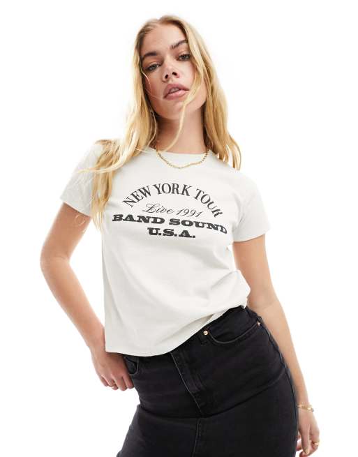Pull&Bear – T-Shirt in Ecru mit „New York Tour“-Grafik