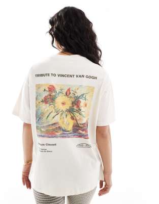 Pull & Bear - T-Shirt in Ecru mit „Van Gogh"-Print-Weiß